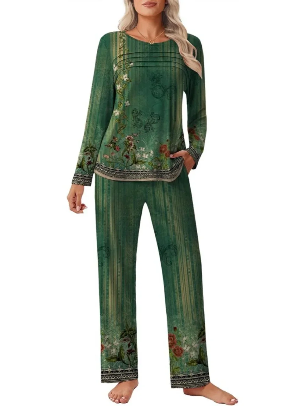 Women's Sage Folk Print Long Sleeve Soft Breathable 2 Piece Pajama Set w/ Pocket